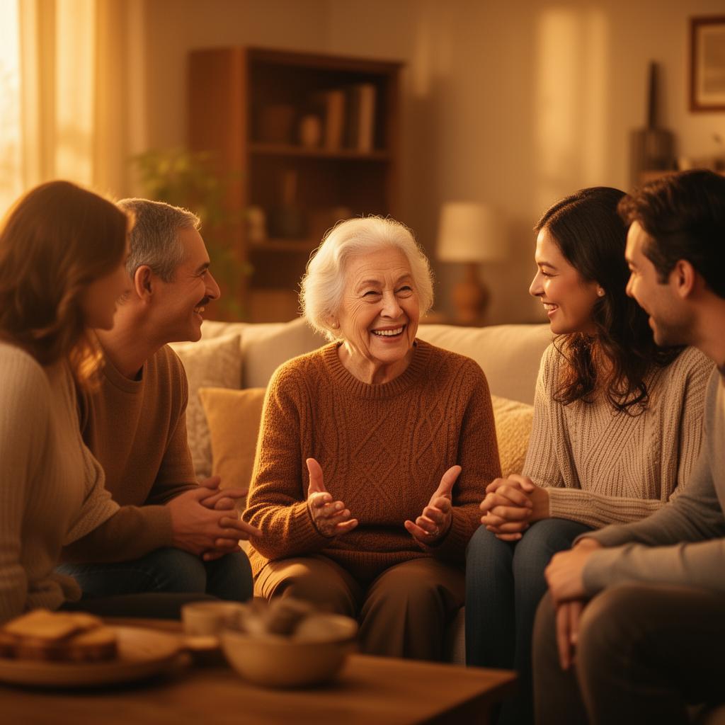 Elderly grandmother sharing stories with family in a warm setting